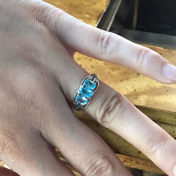 Natural Blue Apatite Blue Sapphire Sterling Silver Ring - Picture 3 of 8